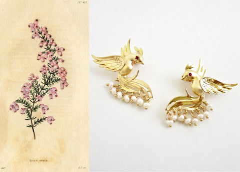 Timeless, pearl fringed, gold-plated Victorian bird earrings - Lai