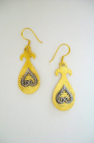 Turkish, hammer finish, gold plated earrings with mehndi inspired black rhodium plated detailing