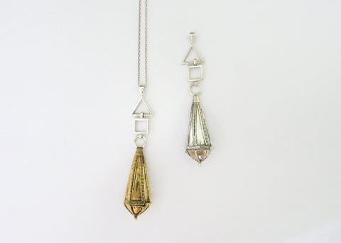 Unique, bi-metal, long amuletic pendant, in gold-plated brass and sterling silver - Lai