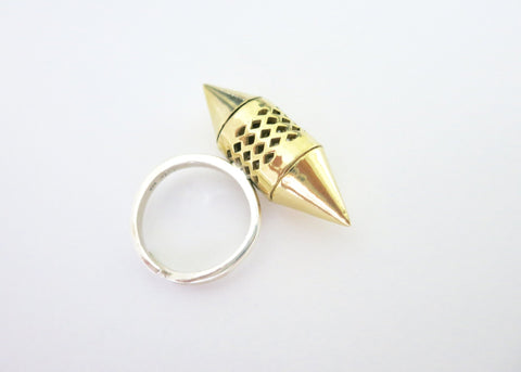 Unique, gold-plated brass tubular amuletic ring with a sterling silver shank - Lai