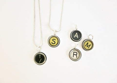 Vintage French typewriter key pendant on a silver snake chain  Necklace, Pendant Sterling silver handcrafted jewellery. 925 pure silver jewellery. Handmade in India, fair trade, artisan jewellery. Lai