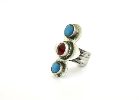 Classic Central Asian Turkmen ring with red stone and turquoise  Ring Sterling silver handcrafted jewellery. 925 pure silver jewellery. Handmade in India, fair trade, artisan jewellery. Lai