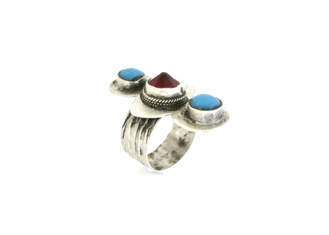 Classic Central Asian Turkmen ring with red stone and turquoise  Ring Sterling silver handcrafted jewellery. 925 pure silver jewellery. Handmade in India, fair trade, artisan jewellery. Lai