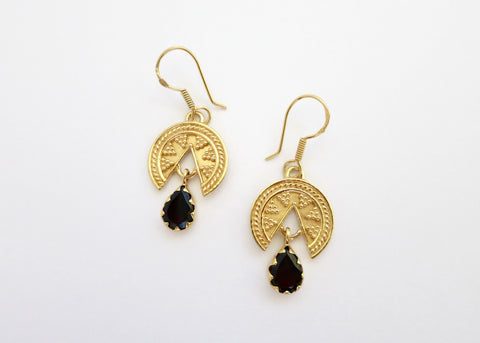 Stunning, granulation work, Grecian, gold-plated earrings with a garnet drop