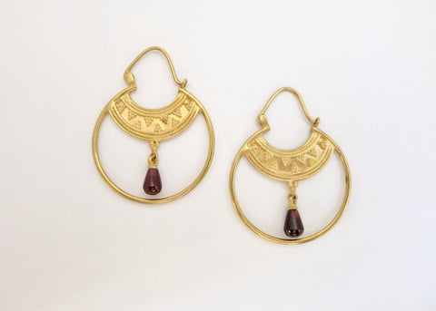 Stunning Hellenic gold plated hoops with a gemstone drop (PB-2167-ER) Earrings Sterling silver handcrafted jewellery. 925 pure silver jewellery. Handmade in India, fair trade, artisan jewellery. Lai
