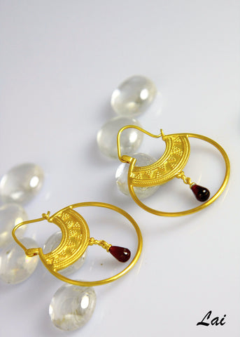 Stunning Hellenic gold plated hoops with a gemstone drop (PB-2167-ER)  Earrings Sterling silver handcrafted jewellery. 925 pure silver jewellery. Handmade in India, fair trade, artisan jewellery. Lai