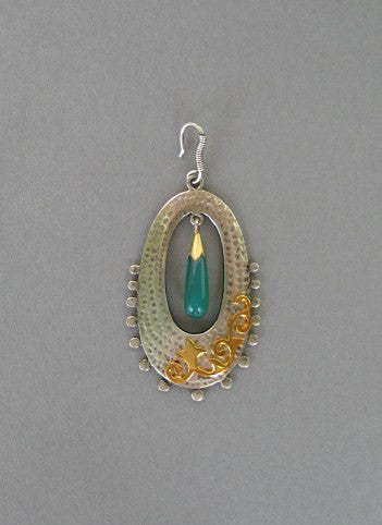 Gorgeous long oval 2 tone earrings in hammer finish with gold plated detailing & chrysoprase drop (PB-1456-ER)  Earrings Sterling silver handcrafted jewellery. 925 pure silver jewellery. Earrings, nose pins, rings, necklaces, cufflinks, pendants, jhumkas, gold plated, bidri, gemstone jewellery. Handmade in India, fair trade, artisan jewellery.