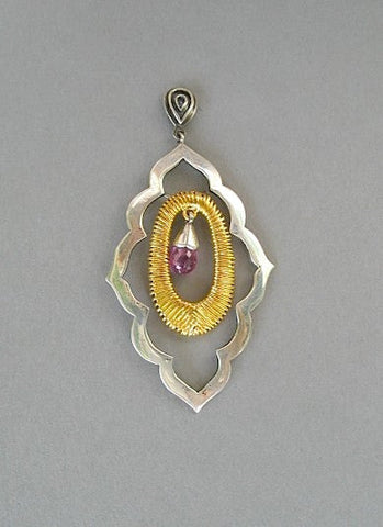 Beautiful, moroccan cut-out earrings with gold plated wire wrapping detail and a faceted garnet drop  Earrings Sterling silver handcrafted jewellery. 925 pure silver jewellery. Earrings, nose pins, rings, necklaces, cufflinks, pendants, jhumkas, gold plated, bidri, gemstone jewellery. Handmade in India, fair trade, artisan jewellery.