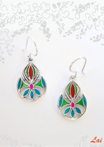Artistic and whimsical, multi colour enamel dangle earrings