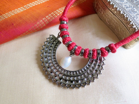 Artistic, mehndi inspired, half-round, pearl drop, pendant necklace on a cotton/silk cord