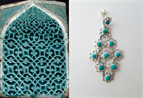 Beautiful and unique, long, flexible, linked floral units Samarkand turquoise earrings