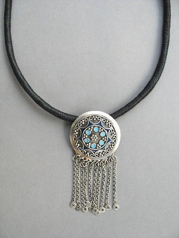 Beautiful, Kashmiri, round blue enamel-work pendant with a fringe - Lai