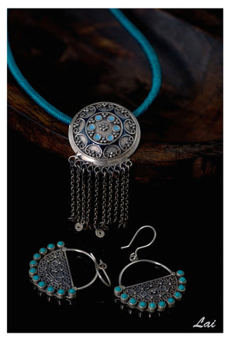 Beautiful, Kashmiri, round blue enamel-work pendant with a fringe
