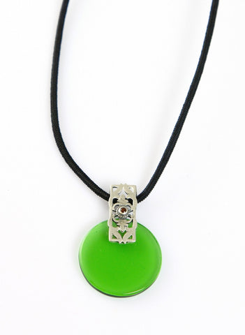 Beautiful, round black glass pendant with silver and garnet accent - Lai