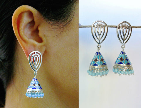 Chic, conical, blue Nathdwara enamel jhumkas - Lai