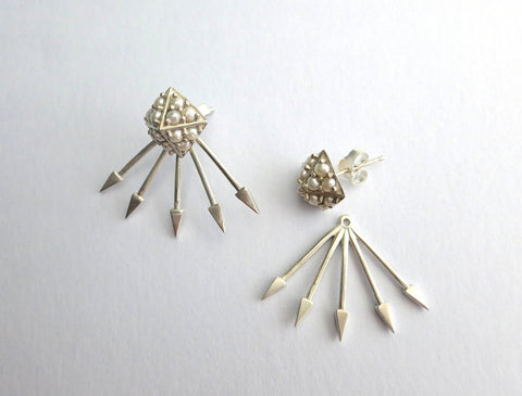 Chic, edgy yet feminine, pearl encrusted, pyramidical studs with removable spiky jacket - Lai
