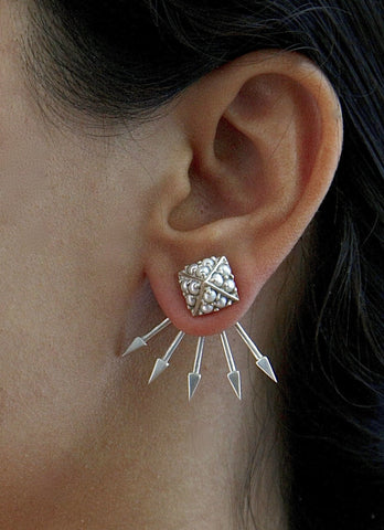 Chic, edgy yet feminine, pearl encrusted, pyramidical studs with removable spiky jacket - Lai