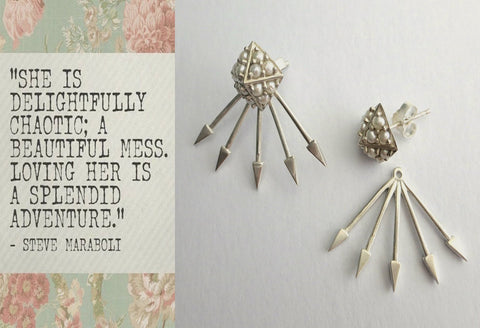 Chic, edgy yet feminine, pearl encrusted, pyramidical studs with removable spiky jacket