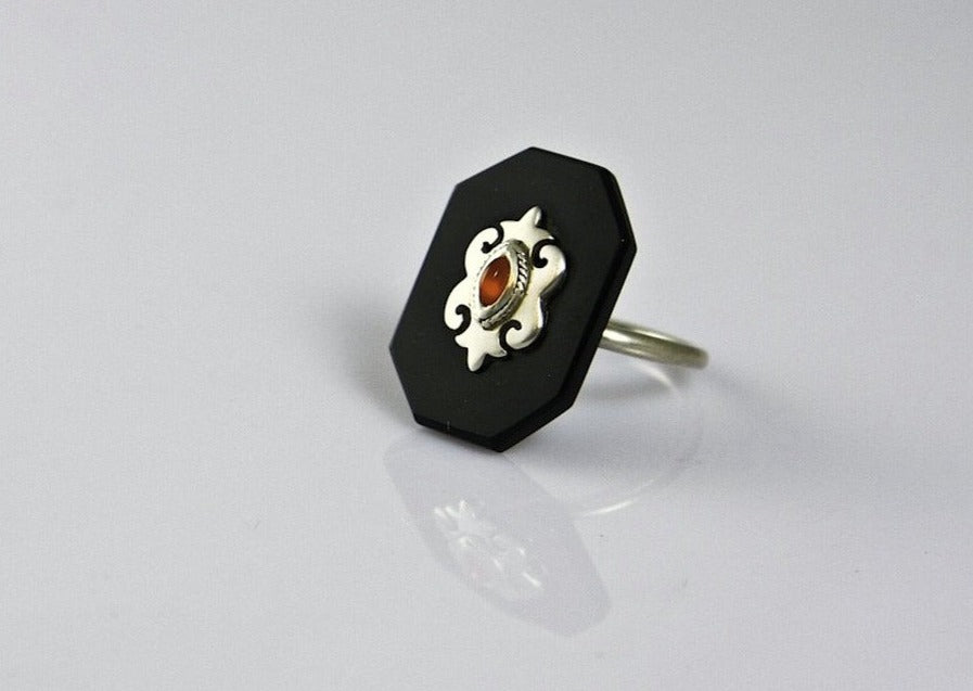 Chic, elegant, rectangular black glass ring with silver and carnelian accent - Lai
