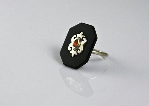 Chic, elegant, rectangular black glass ring with silver and carnelian accent