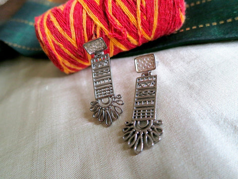 Chic, mehndi inspired, long rectangular black rhodium plated earrings