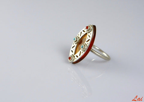 Chic, navette shape amber glass ring with turquoise and carnelian accents