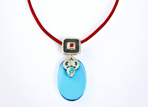 Chic, oval blue glass pendant with silver, turquoise and carnelian detailing - Lai