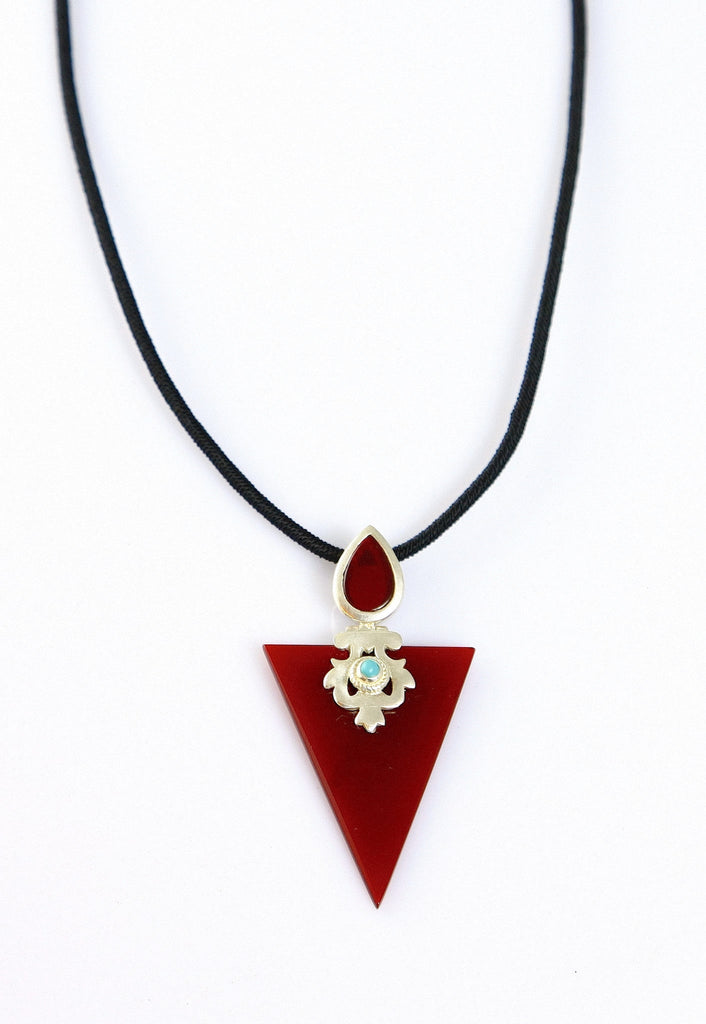 Chic, triangular, maroon color glass pendant with silver cut-work and turquoise detailing - Lai