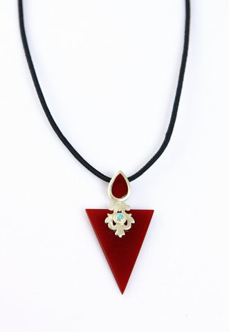 Chic, triangular, maroon color glass pendant with silver cut-work and turquoise detailing
