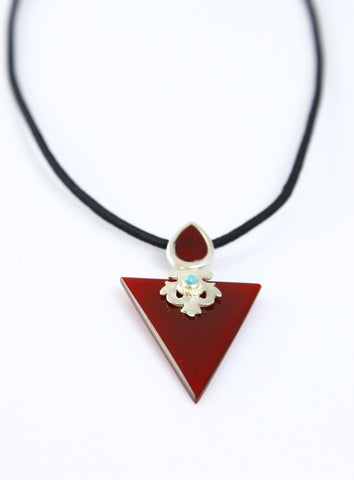 Chic, triangular, maroon color glass pendant with silver cut-work and turquoise detailing - Lai