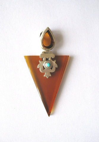 Chic, triangular, maroon color glass pendant with silver cut-work and turquoise detailing - Lai