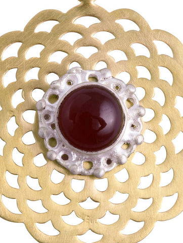 Chic, two-tone gold plated scallop cut-out earrings with carnelian and silver detailing - Lai