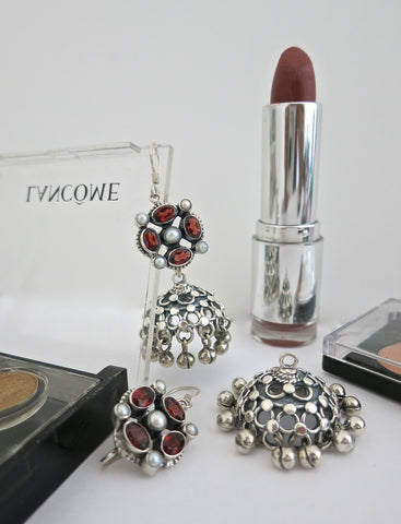 Classic and chic, detachable, jali jhumkas with garnet and pearl tops - Lai