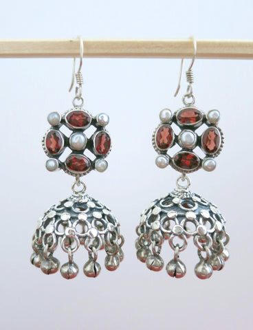 Classic and chic, detachable, jali jhumkas with garnet and pearl tops - Lai