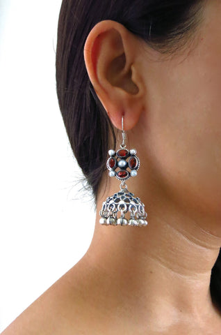 Classic and chic, detachable, jali jhumkas with garnet and pearl tops - Lai