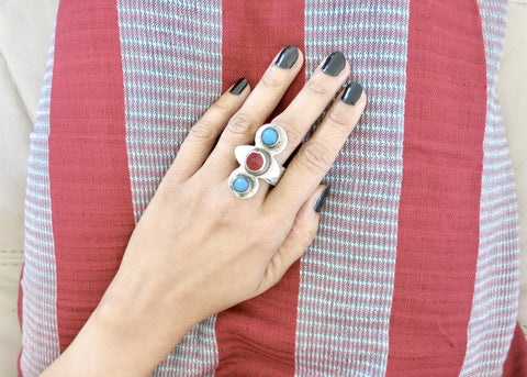 Classic Central Asian Turkmen ring with turquoise and red stone