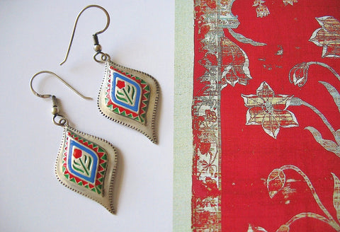 Classic, Mughal-inspired, stylized navette enamel earrings