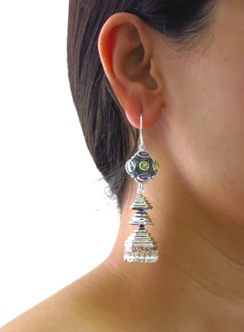 Contemporary, detachable, tiered jhumkas with multi-color gemstone tops - Lai