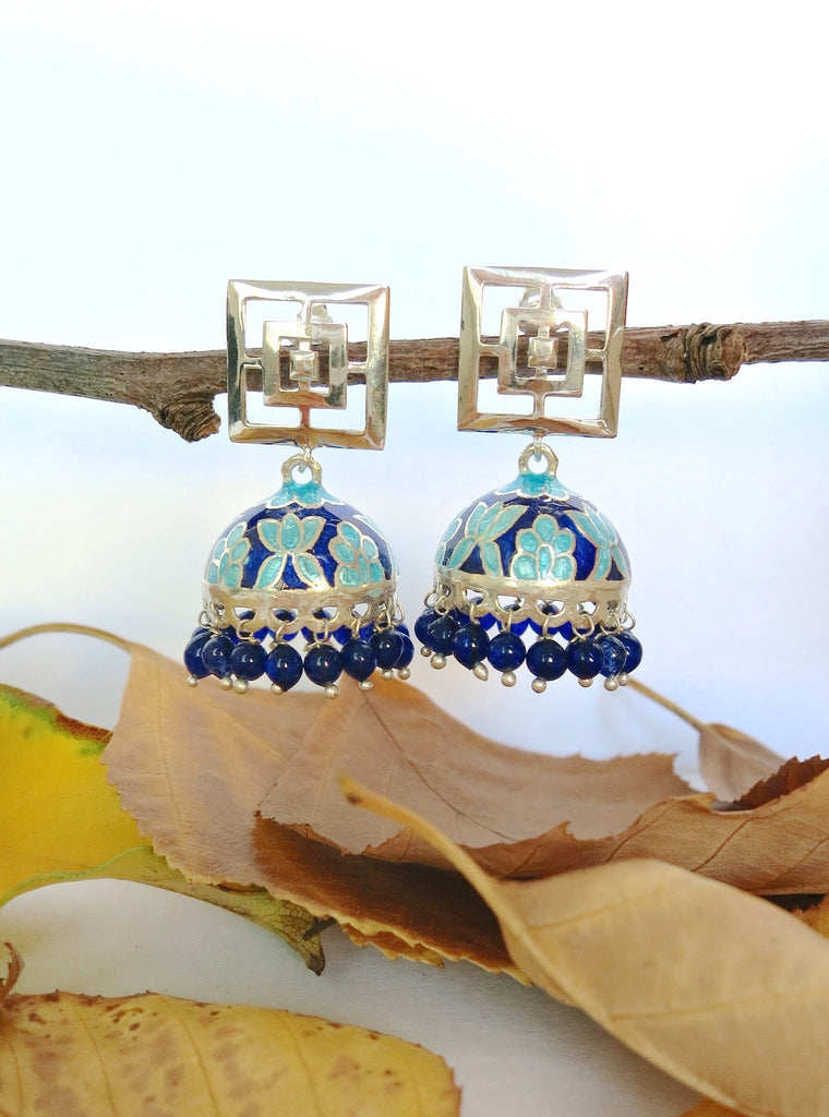 Contemporary, Nathdwara enamel jhumkas with square cut out top - Lai