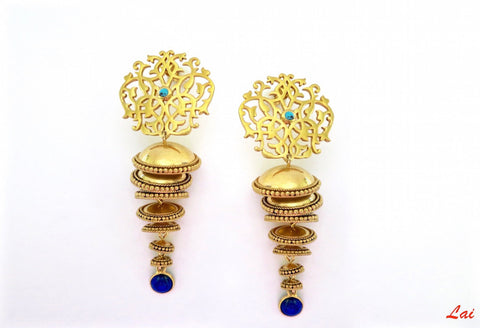 Conversation-starting, 7-tiered, gold-plated, arabesque jhumkas