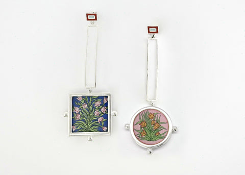 Conversation-starting, statement making, square and round, 'gul' floral earrings