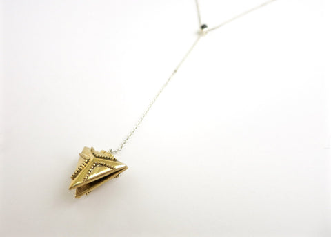 Dainty, long, bi-metal lariat necklace with gold plated brass triangular locket on sterling silver chain - Lai