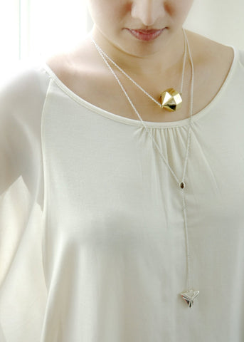 Dainty, long, bi-metal lariat necklace with gold plated brass triangular locket on sterling silver chain - Lai