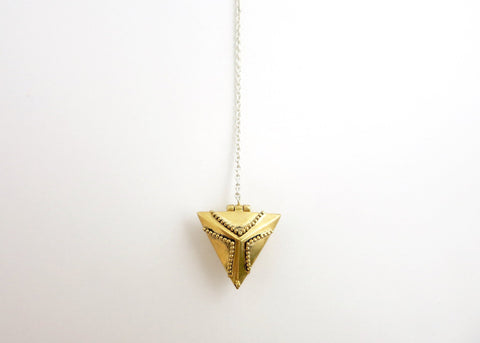 Dainty, long, bi-metal lariat necklace with gold plated brass triangular locket on sterling silver chain - Lai