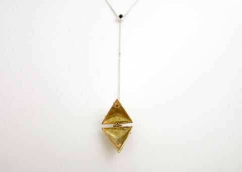 Dainty, long, bi-metal lariat necklace with gold plated brass triangular locket on sterling silver chain - Lai