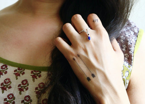 Dainty, stackable thin ring with a hanging lapis drop - Lai