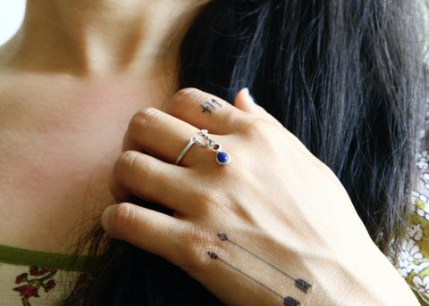 Dainty, stackable thin ring with a hanging lapis drop - Lai