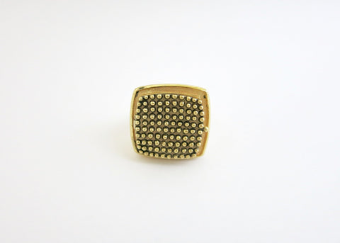 Dramatic, beaded texture, square, gold-plated brass locket ring - Lai