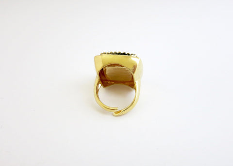 Dramatic, beaded texture, square, gold-plated brass locket ring - Lai