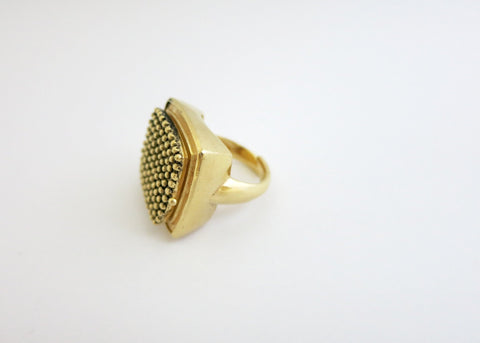 Dramatic, beaded texture, square, gold-plated brass locket ring - Lai